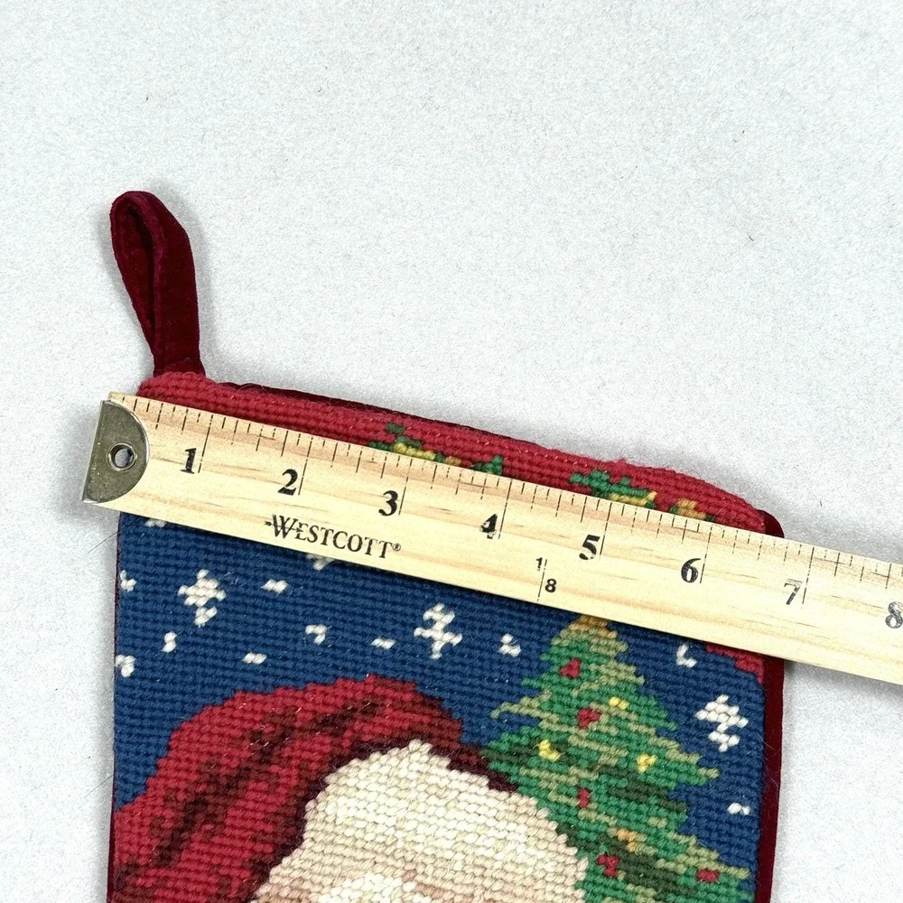 Vintage Christmas Stocking Needlepoint by Hand‎ Wool Velvet Santa Claus Presents